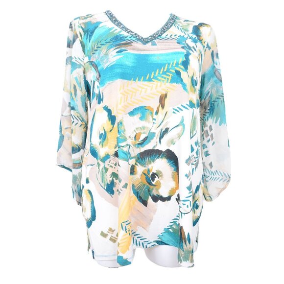 JM Collection PLUS 1X Tropical Floral Beaded V-Neck Flared Sleeve Tunic Top - Picture 1 of 11